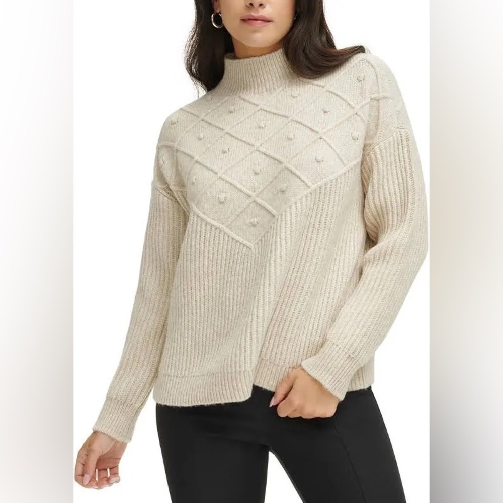 CALVIN KLEIN Women’s Popcorn Stitch Mock Neck Pullover Sweater Heather Latte XL